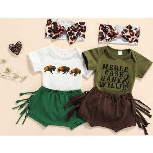 Summer Lovely Baby Girls Boys Clothes Sets Printed Short Sleeve Romper Tassel Shorts Headband 0-18M