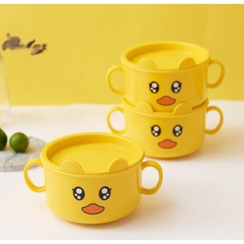 Cartoon little yellow duck with lid children eating complementary food bowl insulation bowl infant tableware suction cup bowl