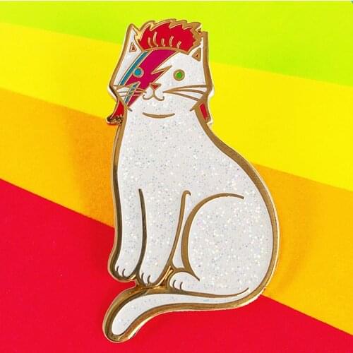 Cartoons Bowie Cat Sparkle Glitter Enamel Brooch Pin Backpack Hat Bag Collar Lapel Pins Badges Fashion Jewelry Accessories