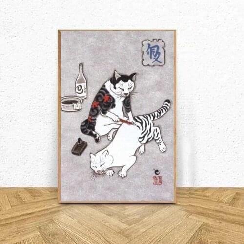 Wall Art Modular Japanese Samurai Cat Tattoo Cat Canvas Pictures Home Decor Painting Prints Poster Living Room Cuadros No Frame