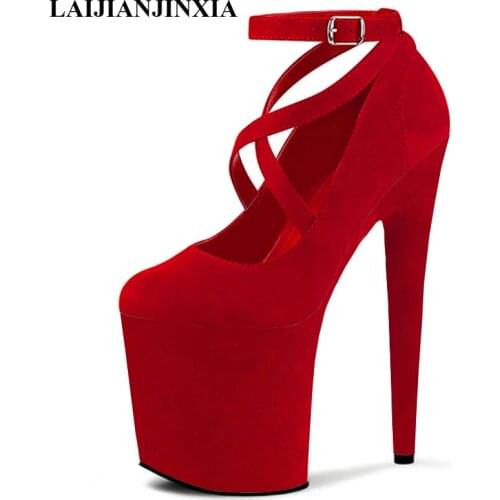 LAIJIANJINXIA New 20 CM High Heels Pumps Party Dress Platform Pole Dance Shoes Nightclub Elegant Buckle Women Shoes Flock Pumps