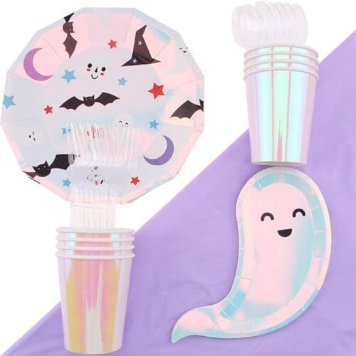 41Pc/Set Laser Halloween Theme Disposable Tableware Birthday Decoration Baby Shower Spoon Plates Forks Tablecloth Party Supplies