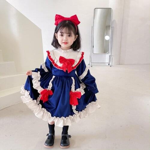 2021 Lolita Style Dress for Girls Velvet Princess Dresses for Girls Red Bow Lotus Leaf Lace Fancy Birthday Party Cosplay Dress