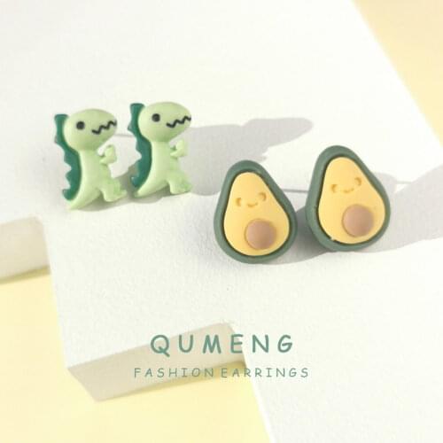QUMENG 2020 Korean Fashion sweet Stud Earrings Cute Little Dinosaur Avocado Girl Kids Earrings Exquisite Gift Jewelry