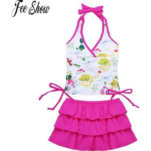 Kids Girls Floral Printed Two-Piece Adjustable Halter Top Tankini Swimwear Swimsuit Set