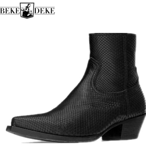 Luxury Business Men Python Pattern Genuine Leather Chelsea Boots Biker Man Block Heels Pointed Toe Work Safety Shoes Ankle Boots