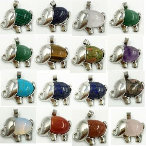 Crystal Tiger Eye Lapis Lazuli Howlite Malachite Opal Goldstond Blue Sand Unakite Elephant Art Women Pendant Bead 1pcs WFH806