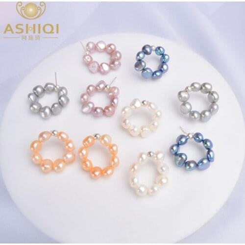 ASHIQI Natural Freshwater Pearl Stud Earrings for Women 925 Sterling Silver Circle Jewelry