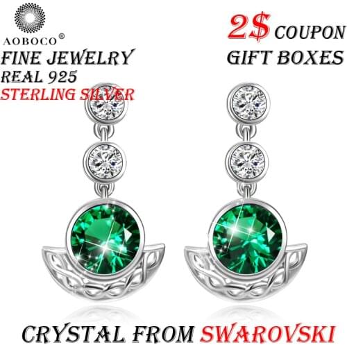 AOBOCO Brand Sterling Silver Earring Trendy Green Crystal From Swarovski Drop Earrings For Women Party Fine Jewelry Gift Boxes