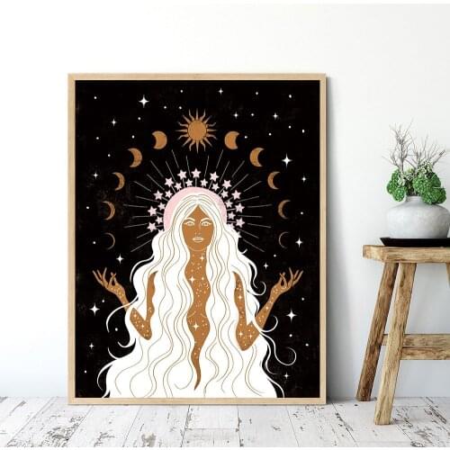 Nordic Summer Solstice Art Drawing Posters and Prints Celestial Stars Moon Magical Sun Wall Pictures for Living Room Home Decor