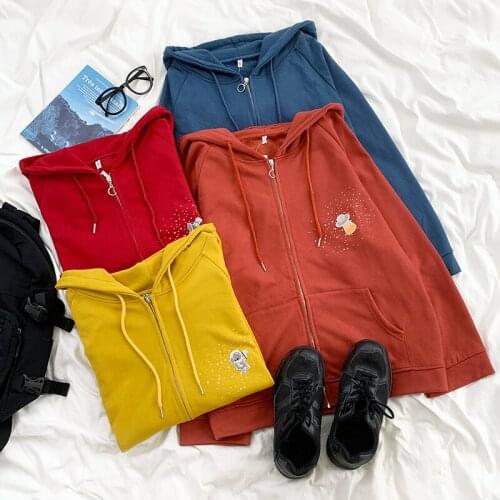 Funny Starry Sky Aerospace Printed Solid Color Hooded Zipper Large Pocket Loose Casual t-shirt