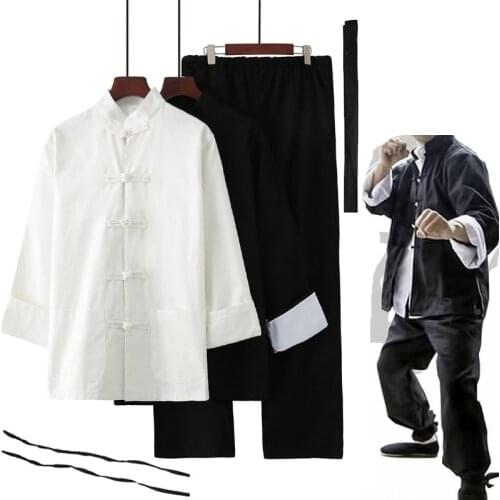 Chinese Traditional Tang Suit Set Men Bruce Lee Kung Fu Practice Uniform Black Linen Shirt Pants Wing Chun Wushu Tai Chi Outfits