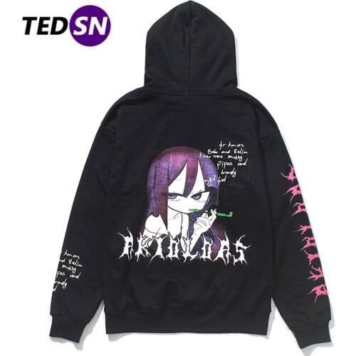 Hip Hop Mens Streetwear Hoodie Sweatshirts Autumn Anime Smoking Girl Hoodie Pullover Vintage Harajuku Japanese Sweatshirts Black