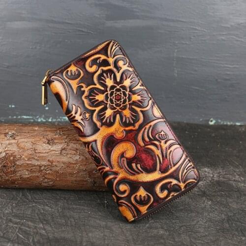 Vintage Wallet Card Holder 2021 Spring Handmade Embossed Floral Genuine Leather Women Large Clutch Wallet Printed Phone Purse