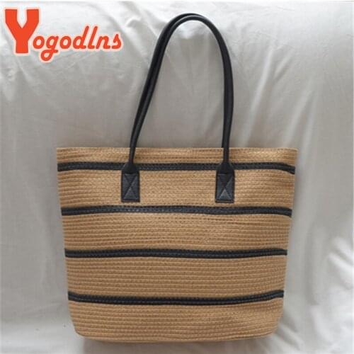Yogodlns Summer Large Capacity Straw Bags Fashion Stripe Totes Bag Travel Vacation Beach Bags New Woven Lady Handbag Pouch Bolsa