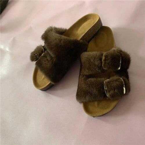 Genuine Mink Fur Ladies Slippers Soft Furry Sandals Comfortable Comfortable Flat Heel Slippers Hone Shoes