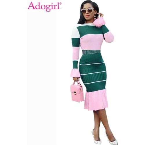 Adogirl Colorful Stripe Knitted Two Piece Set Dress Women Long Flare Sleeve T-shirt Top High Waist Midi Mermaid Skirt Outfits