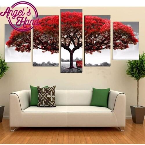 5 panel red tree art scenery landscape picture diy diamond painting for bedroom living room mosaic Diamond Embroidery still life