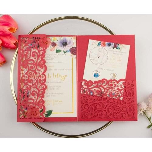 50pcs dark gold pearl pocketfold Wedding invitation Cards thr fold pocket Laser Cut lace invite RSVP Greeting Covers for party