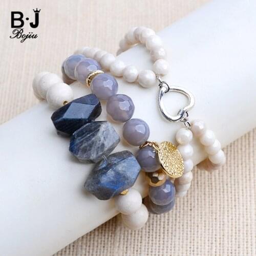 BOJIU Fashion Heart Charm Bracelet Jewelry Round Natural White Grey Stone Bracelet In Jewelry New Beaded Women Bracelet BCSET108