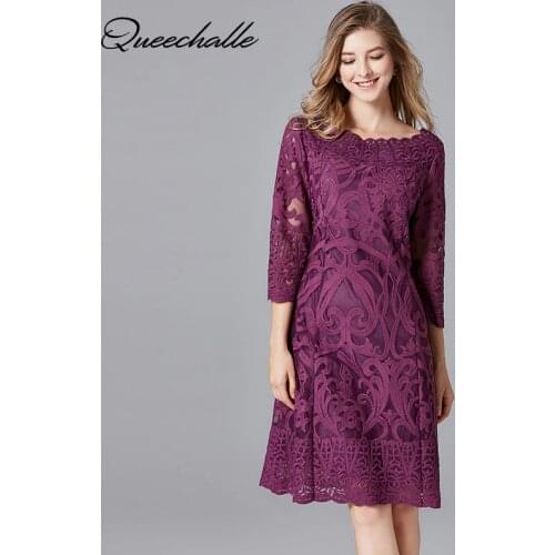 Queechalle Purple color elegant lace dress 2020 Autumn Dress Women plus size hollow out embroidery dress party evening vestidos