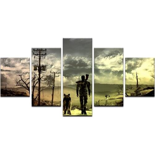 Fallout 4 Man and a Dog Game Poster Canvas Painting Modular 5 Pcs Cloth Fabric Print For Home Decor Wall Art Abstract Picture