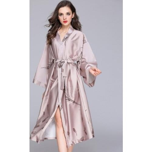 Women Satin Robe Sleepwear Long Sleeve Kimono Gown Print Long Bathrobe Gown Female Casual Home Wear Intimate Lingerie