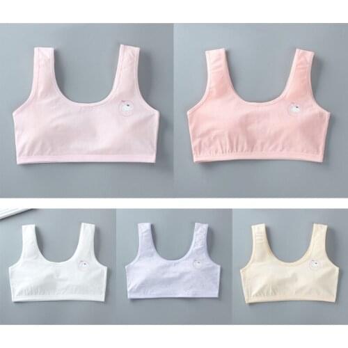 J60B Student Young Girl Cotton Bra Tank Top Wide Strap Solid Color Sports Training Bralette Wirefree Cartoon Rabbit Print Vest