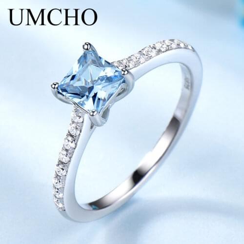 UMCHO Genuine 925 Sterling Silver Rings Created Nano Sky Blue Topaz Rings Vintage Wedding Band Gift For Women Fine Jewelry