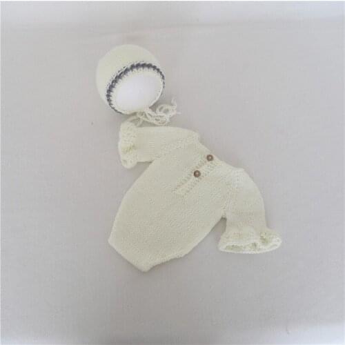 Cream Cotton Hat and Romper Set Knitted Overall Handknit Newborn Outfit Baby Boy Girl Pajams Neworn Photography Props Suit