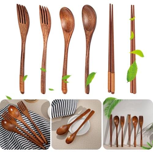 Kitchen tableware wooden chopsticks spoon fork cutlery handmade natural wood tableware kitchen utensils