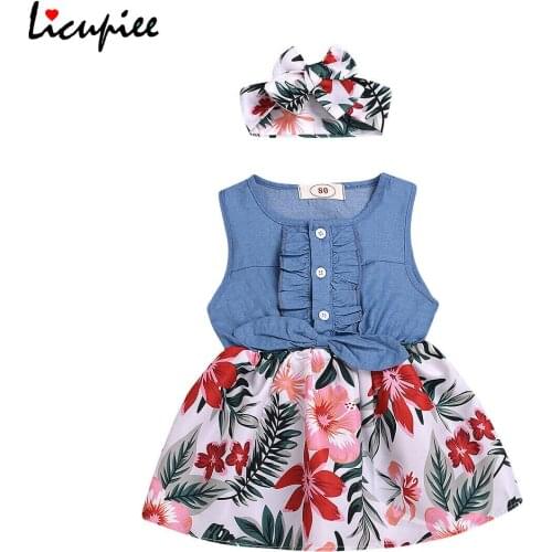 Summer Print Girl Sleeveless Kids Baby Girls Sleeveless Floral Dress Headband Summer Toddler Button Sundress 1-6 Years