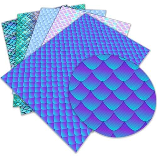 Rainbow Color Faux Leather Sheets Mermaid Fish Scale Pattern Printed Synthetic Leather 22X30 cm for DIY Bows Earrings Making
