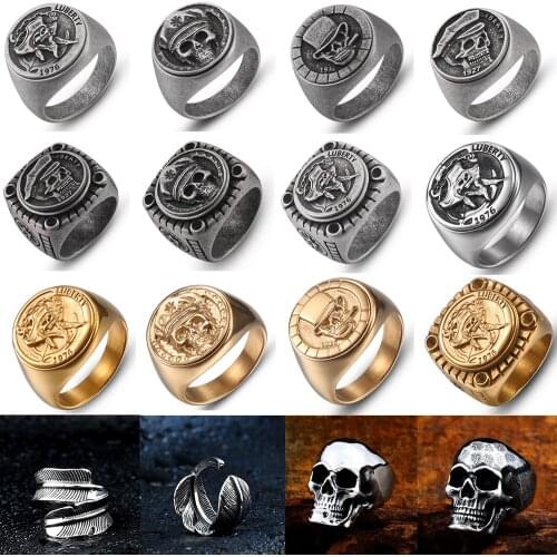 Fashion Mens 316L Stainless Steel Soldier Skull Feather Cross Rings Eye of Horus Religion God Silver Punk Hiphop Ring Jewelry