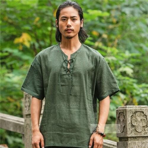 Linen Medieval Halloween Cosplay Costume for Men Knight Solid Loose Viking Pirate Short Sleeve Shirt Top V Neck Bandage Blouse