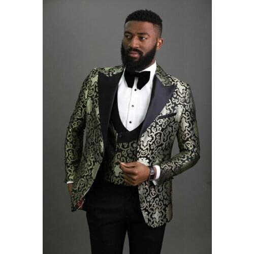 Men Suits Gold Floral Tuxedo For Men 2021 Latest Coat Pant Designs 3 Pieces Slim Fit Groom Suit Groomsmen Party Wedding Suits