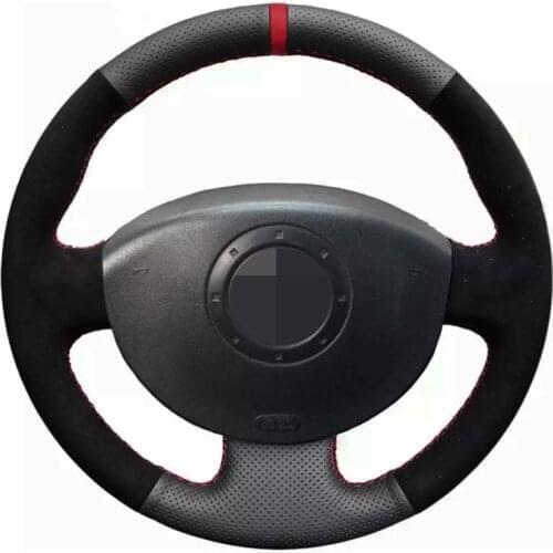 Soft Black Genuine Leather Black Suede Car Steering Wheel Cover For Renault Megane 2 2003-2008 Scenic 2 2003-2009 Kangoo 2008