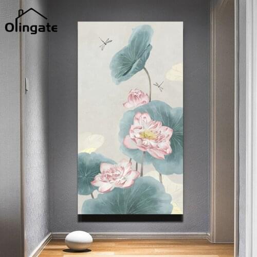 Classical Chinese Style Wall Paintings Chinese Lotus Dragonfly Poster Print One Piece Canvas Art Home Living Room Corridor Decor