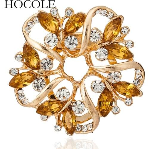 HOCOLE New 2018 Bling Bling Crystal Rhinestone Golden Flower Brooch Pins Jewelry 4 Colors Women Brooches for Scarf Women Gift