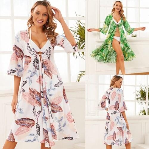 2021 New Women Summer Drawstring Waist Swimsuit Cover Up Side Split Beach Kimono Cardigan