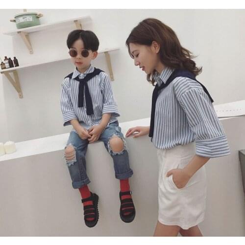 Mommy and me Shirts With Tie Family Matching Outfits Mother Daughter Boy Kids Blouse Tops Stripe Sunscreen Sailor Collar Clothes