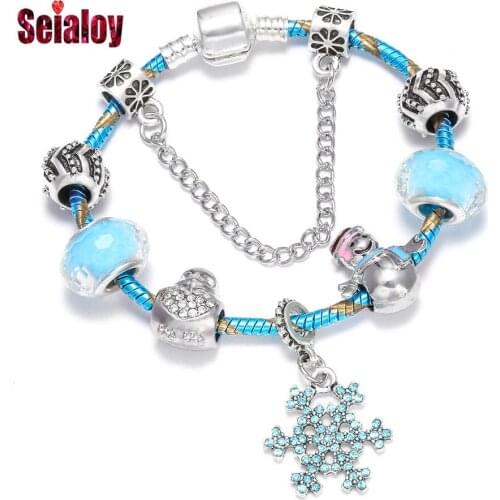 SEIALOY Blue Crystal Snowman Beads Bracelets For Women Men Shiny Rhinestone Snowflake Charm Brands Bracelet Bangle Couple Gifts