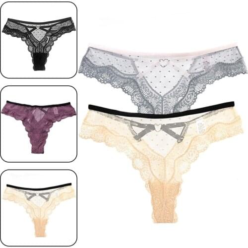 Sexy Lingerie Femme Underwear Women Sexy G String Thong Sexy Lace Hollow Transparent with Bow Panties Solid Color Briefs