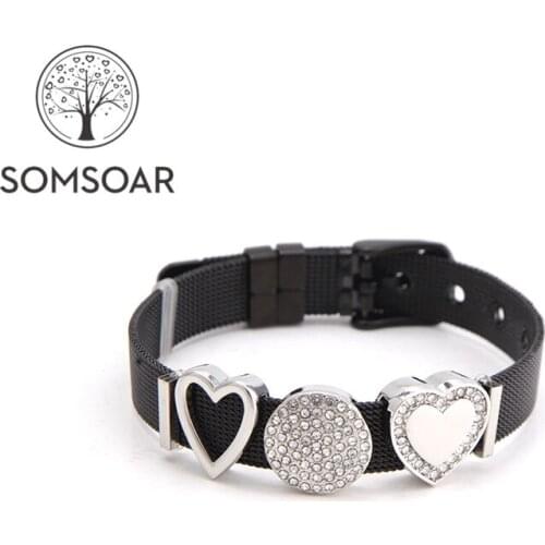 Somsoar Jewelry Black Mesh Bracelet Stainless Steel Slide Charm Bangle Set with DIY Charms as Mothers Day Gift drop shipping
