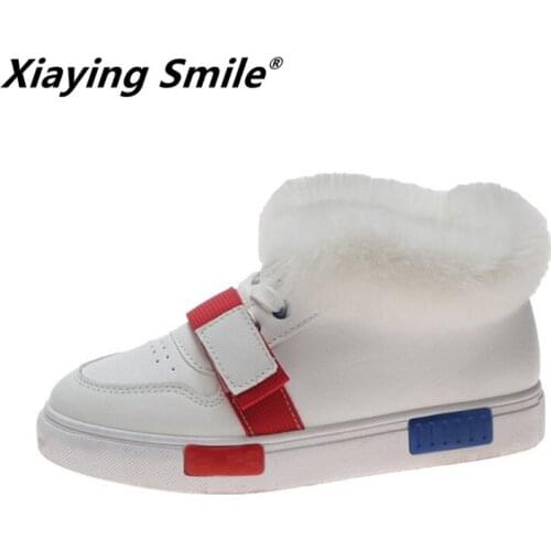 Xiaying Smile Women Shoes Winter Mixed Colors Round Toe Short Ankle Shoes Female Flat With Faux Fur Lace-up Fashion Casual Shoes