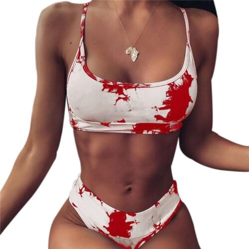 2021 Womens Fashion Tie-dye Bikini Suits Sexy Backless Cami Top and Tight Mid-waist Thong Split Swimsuit Tow piece Bikinis Set