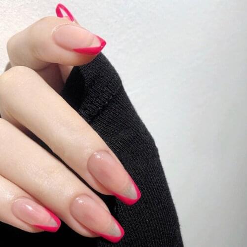 24pcs/set Simple French False Nails Short Design V Shaped Girls Nail Decal Full Artificial Nail Art Tips False nails with Glue