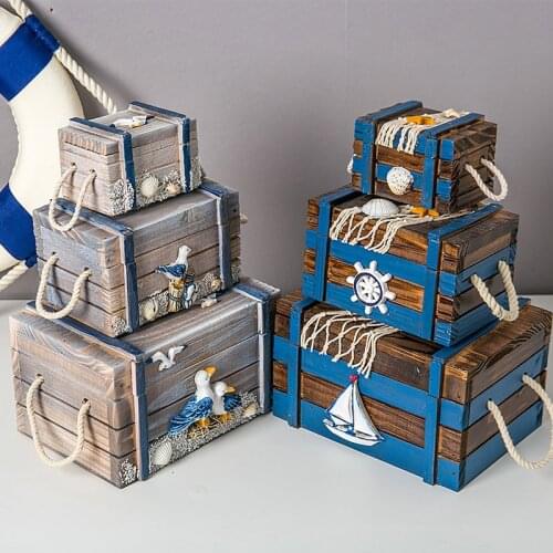 3in1 Mediterranean wooden storage box Home decoration jewelry box 3 Sizes Marine Seabird starfish Nets Shell Baby Room Gift