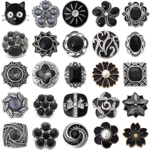 6pcs/lot Snap Button Jewelry Black Rhinestone Flower Snap Buttons Fit 18mm Snap Bracelets Bangles DIY Jewelry