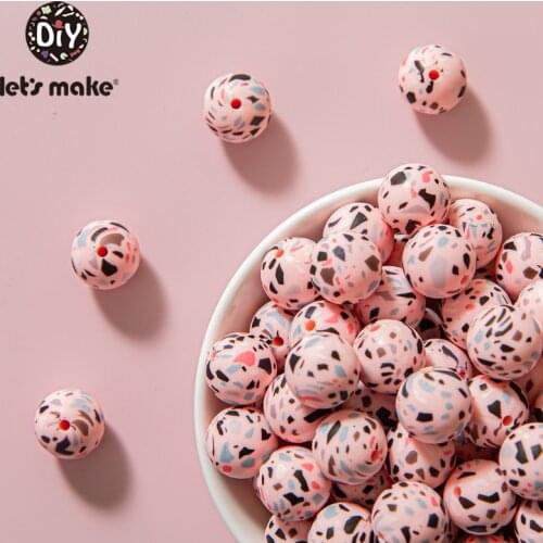 Lets Make 100PC Silicone Bead Food Grade Materials 15mm Teether Round Printing DIY Crafts Baby Teether Safe Rattle Beads